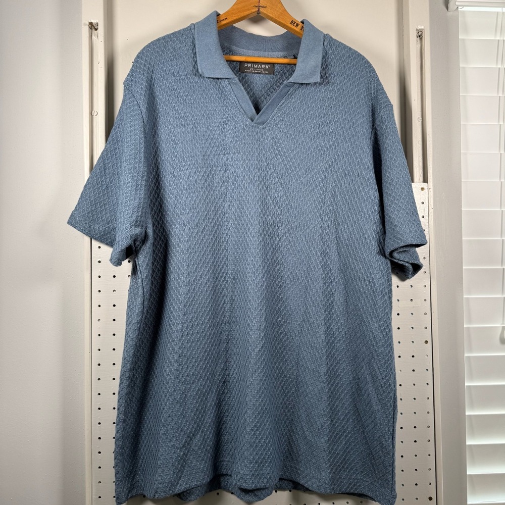 Primark Polo Shirt Mens 2XL Blue‎ Diamond Knit Textured Short Sleeve Oversized